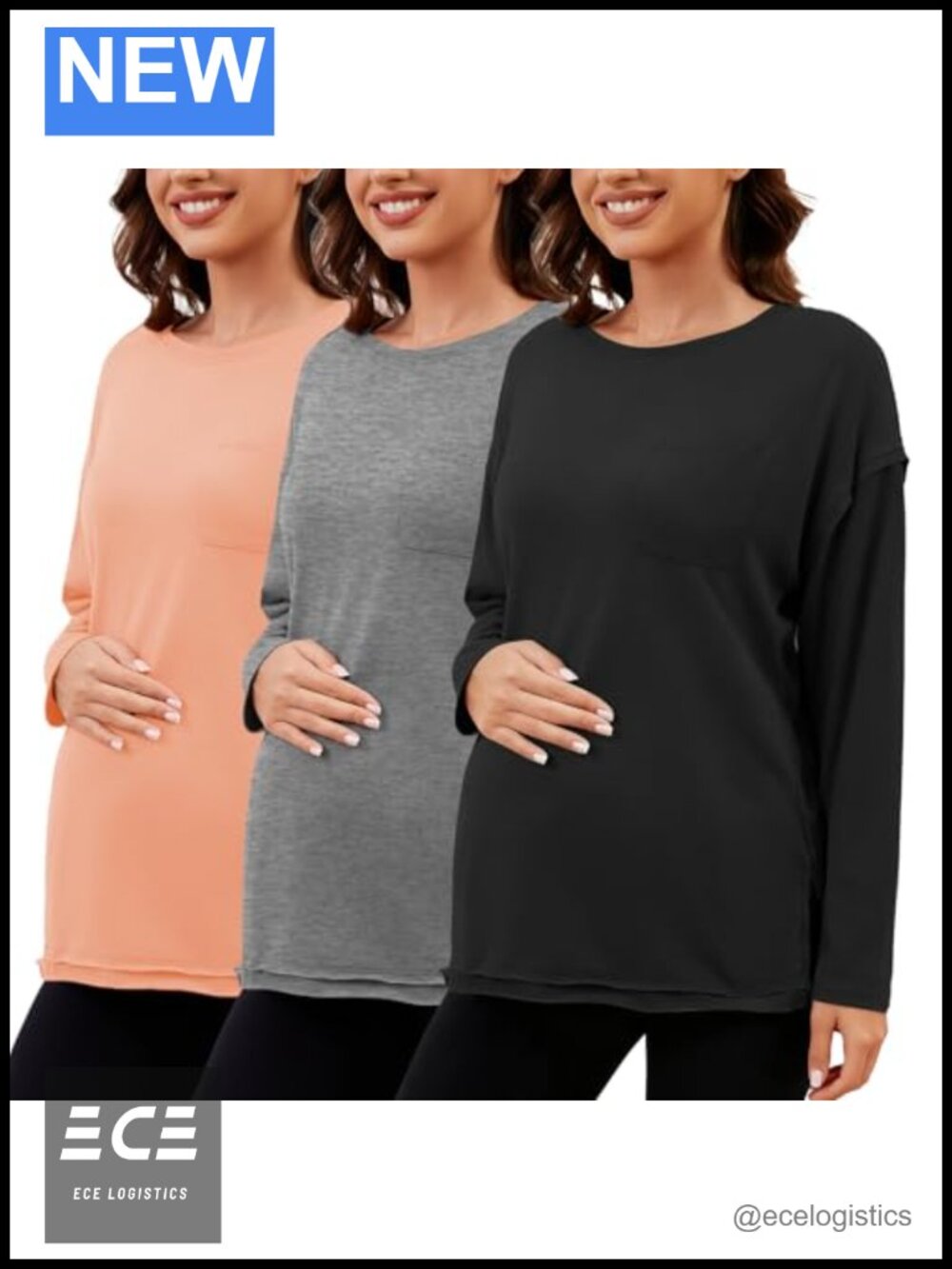 Oversized Maternity Long Sleeve Tee Side Slit Pregnancy Shirt with Pocket